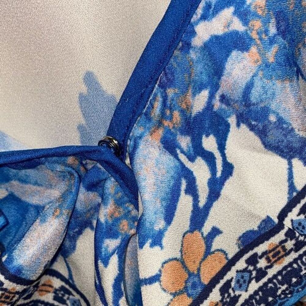 Vici White Floral Ruffle Tie-Front Blouse with Blue & Peach Accents - Picture 6 of 11